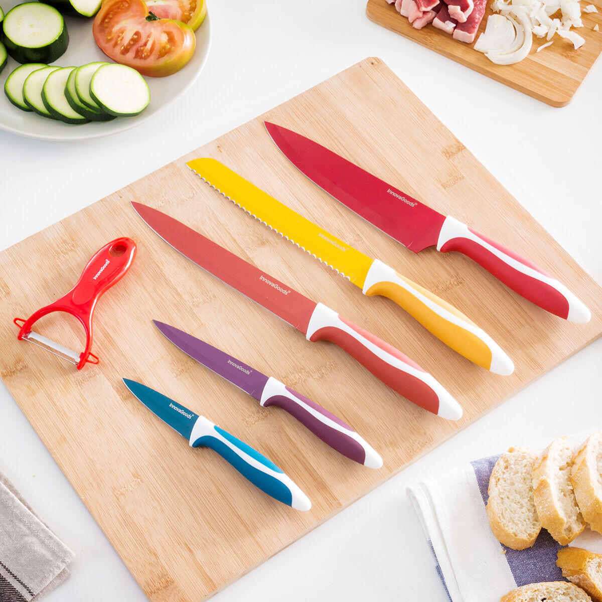 JUEGO DE CUCHILLOS Y PELADOR DE CERAMICA Knoolvs InnovaGoods 6 Piezas